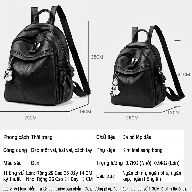 Balo Da Bò Nữ Thời Trang Thu Đông Đựng Vừa A4 Màu Đen chi tiết 4