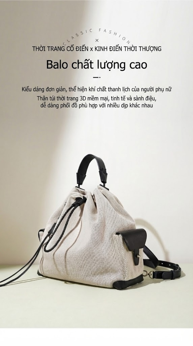 Balo Da Bò Rút Dây Đeo Vai Đựng Vừa A4 Phong Cách Vintage Màu Kem, Đen chi tiết 1
