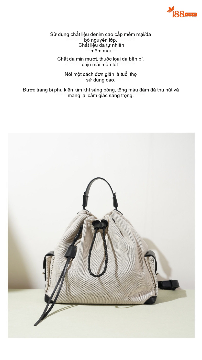Balo Da Bò Rút Dây Đeo Vai Đựng Vừa A4 Phong Cách Vintage Màu Kem, Đen chi tiết 2
