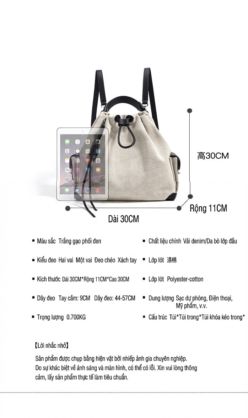 Balo Da Bò Rút Dây Đeo Vai Đựng Vừa A4 Phong Cách Vintage Màu Kem, Đen chi tiết 6