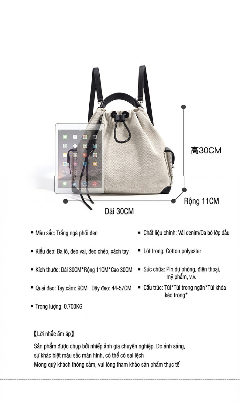 Balo Da Bò Rút Dây Đeo Vai Đựng Vừa A4 Phong Cách Vintage Màu Kem, Đen chi tiết 14