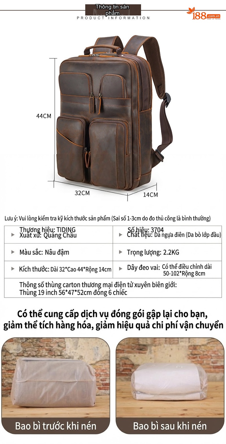 Balo Da Bò Sáp Retro Đựng Laptop 15.6 Inch Dung Tích Lớn Màu Nâu, Đen chi tiết 2
