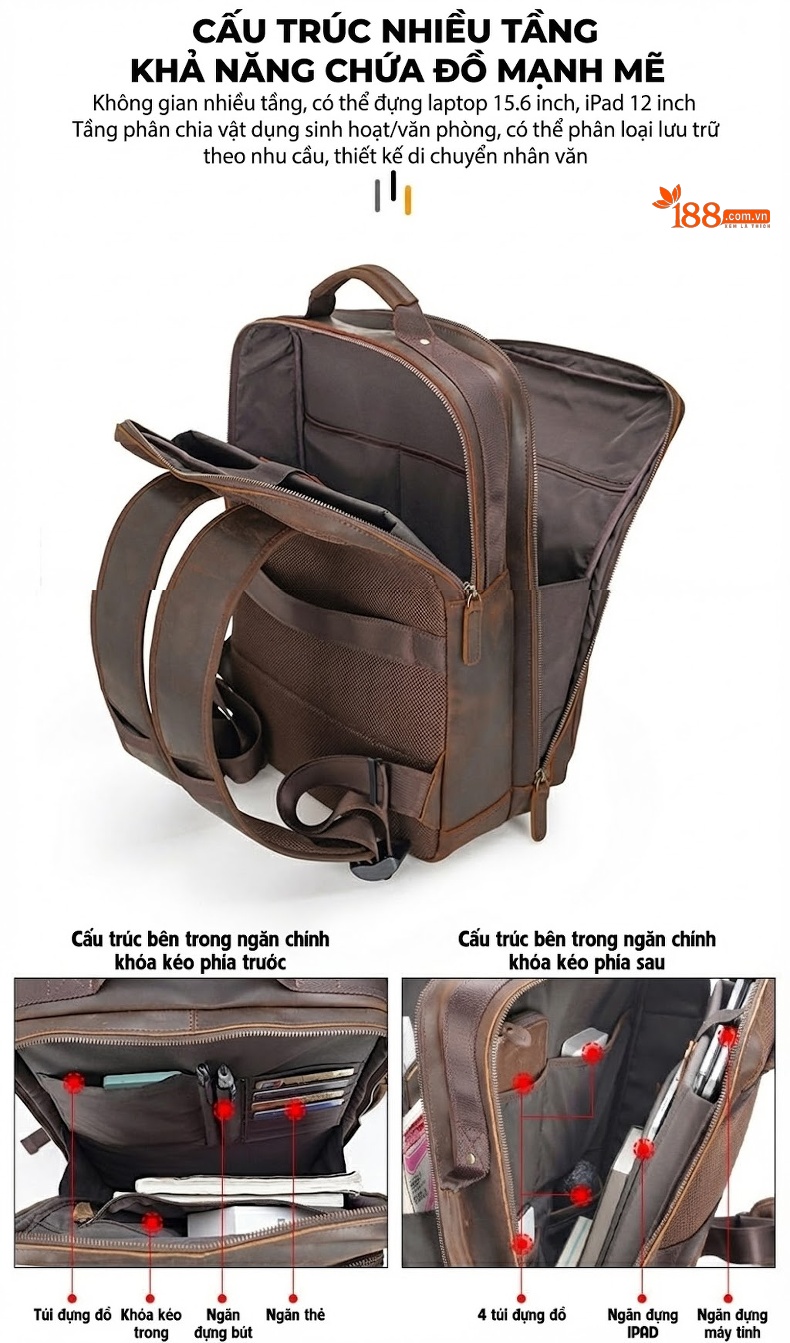 Balo Da Bò Sáp Retro Đựng Laptop 15.6 Inch Dung Tích Lớn Màu Nâu, Đen chi tiết 7