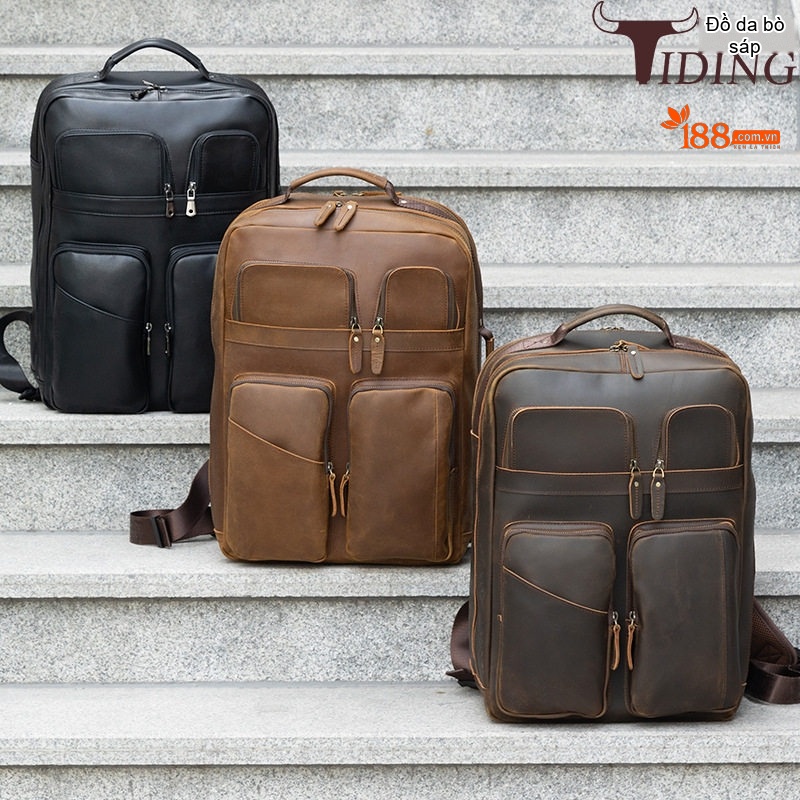 Balo Da Bò Sáp Retro Đựng Laptop 15.6 Inch Dung Tích Lớn Màu Nâu, Đen