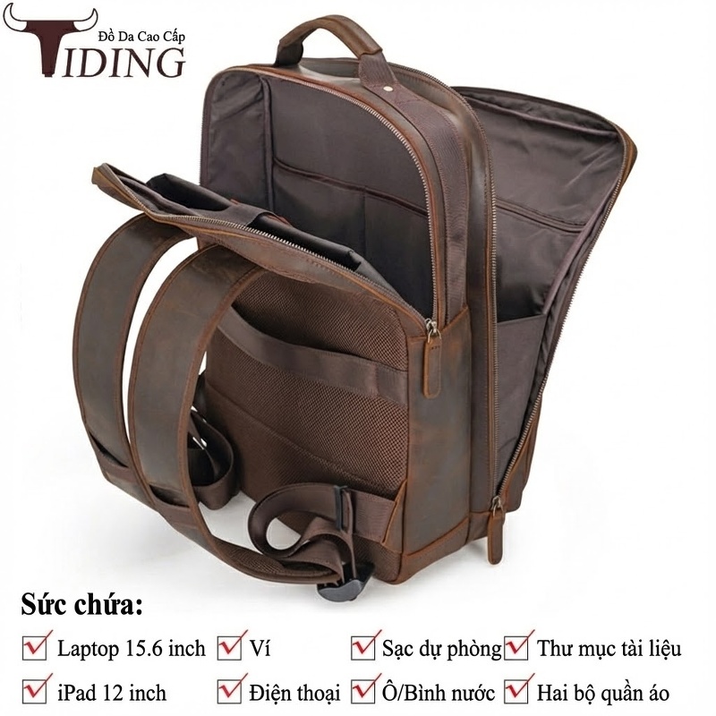 Balo Da Bò Sáp Retro Đựng Laptop 15.6 Inch Dung Tích Lớn Màu Nâu, Đen