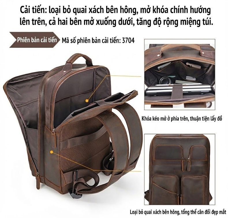 Balo Da Bò Sáp Retro Đựng Laptop 15.6 Inch Dung Tích Lớn Màu Nâu, Đen chi tiết 6