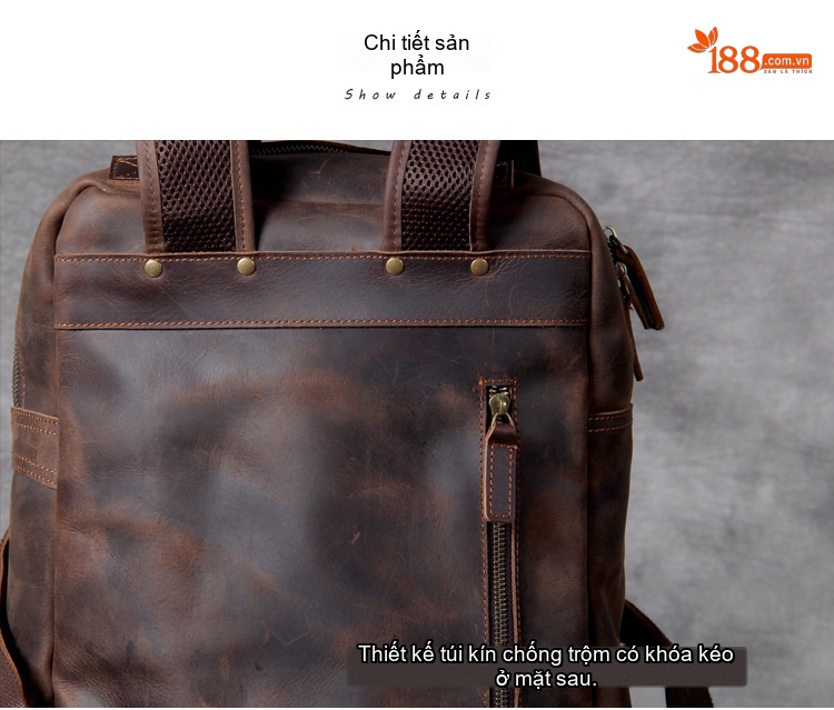 Balo Da Bò Sáp Thủ Công Vintage, Balo Da Du Lịch Nam Nữ Thời Trang chi tiết 16