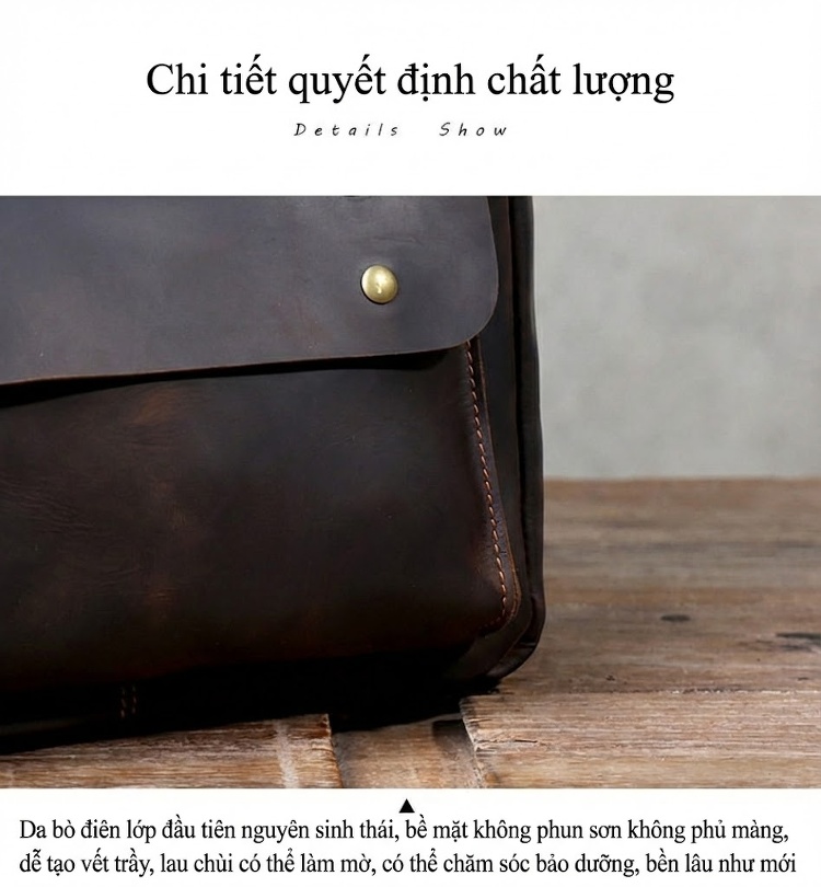 Balo Da Bò Thật Phong Cách Học Đường Cổ Điển Màu Nâu chi tiết 3