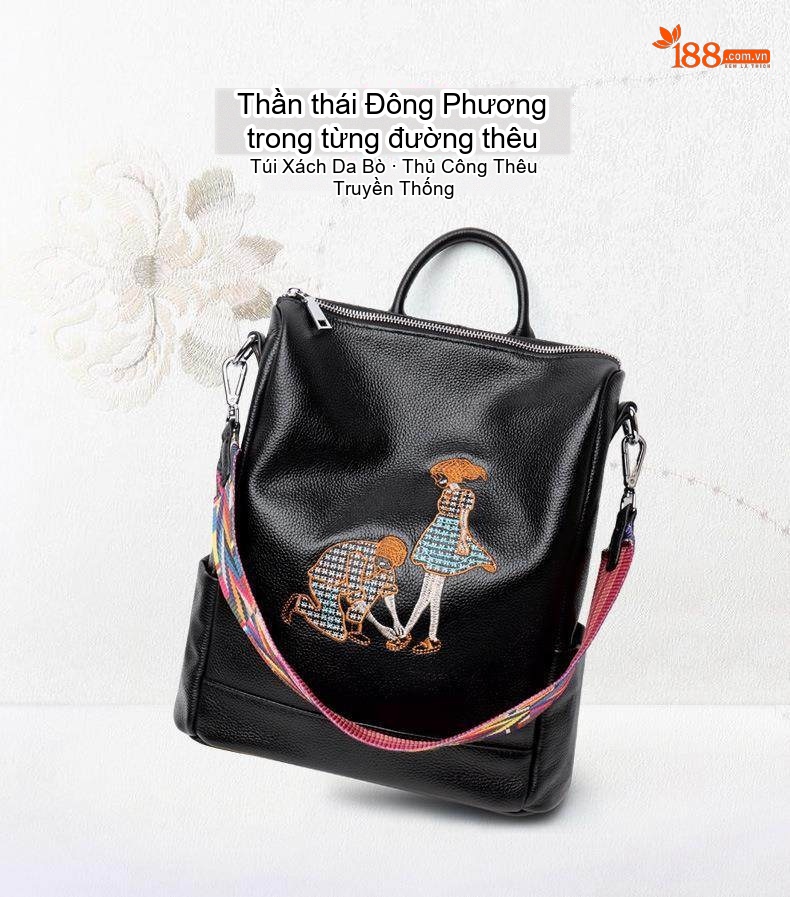 Balo Da Bò Thêu Hình Cặp Đôi Phong Cách Hàn Quốc Đa Năng Màu Đen chi tiết 2