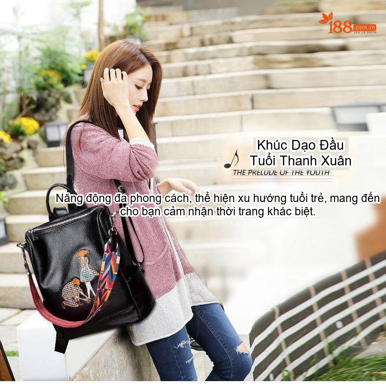 Balo Da Bò Thêu Hình Cặp Đôi Phong Cách Hàn Quốc Đa Năng Màu Đen chi tiết 5