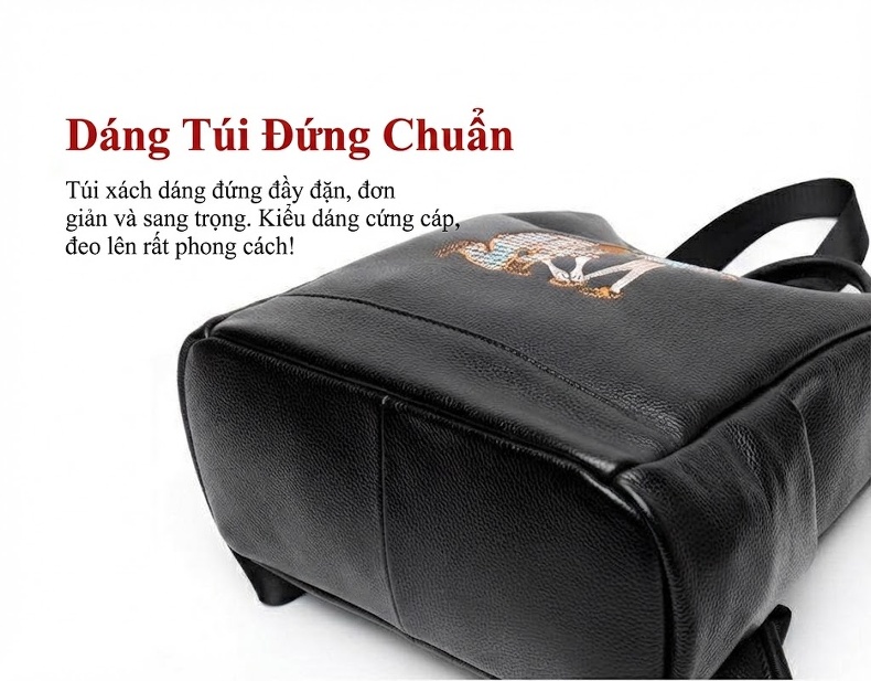 Balo Da Bò Thêu Hình Cặp Đôi Phong Cách Hàn Quốc Đa Năng Màu Đen chi tiết 8