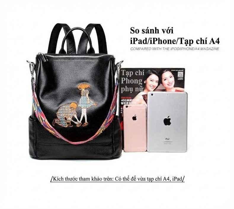 Balo Da Bò Thêu Hình Cặp Đôi Phong Cách Hàn Quốc Đa Năng Màu Đen chi tiết 9