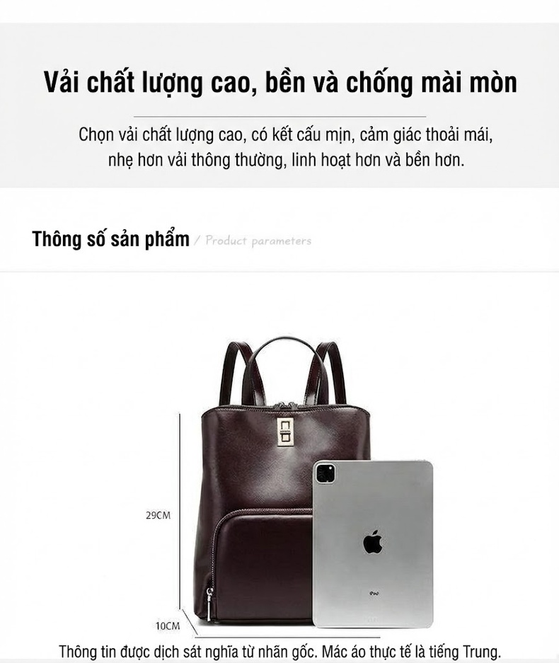 Balo Da Bò Thời Trang Nữ Đựng Vừa Laptop, Túi Xách Tay Du Lịch Da Bò Sức Chứa Lớn Màu Nâu chi tiết 3