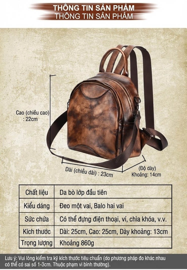 Balo Da Bò Thủ Công Cổ Điển Đeo Vai Kiểu Ba Lô Nhỏ Gọn Màu Nâu, Đen chi tiết 3