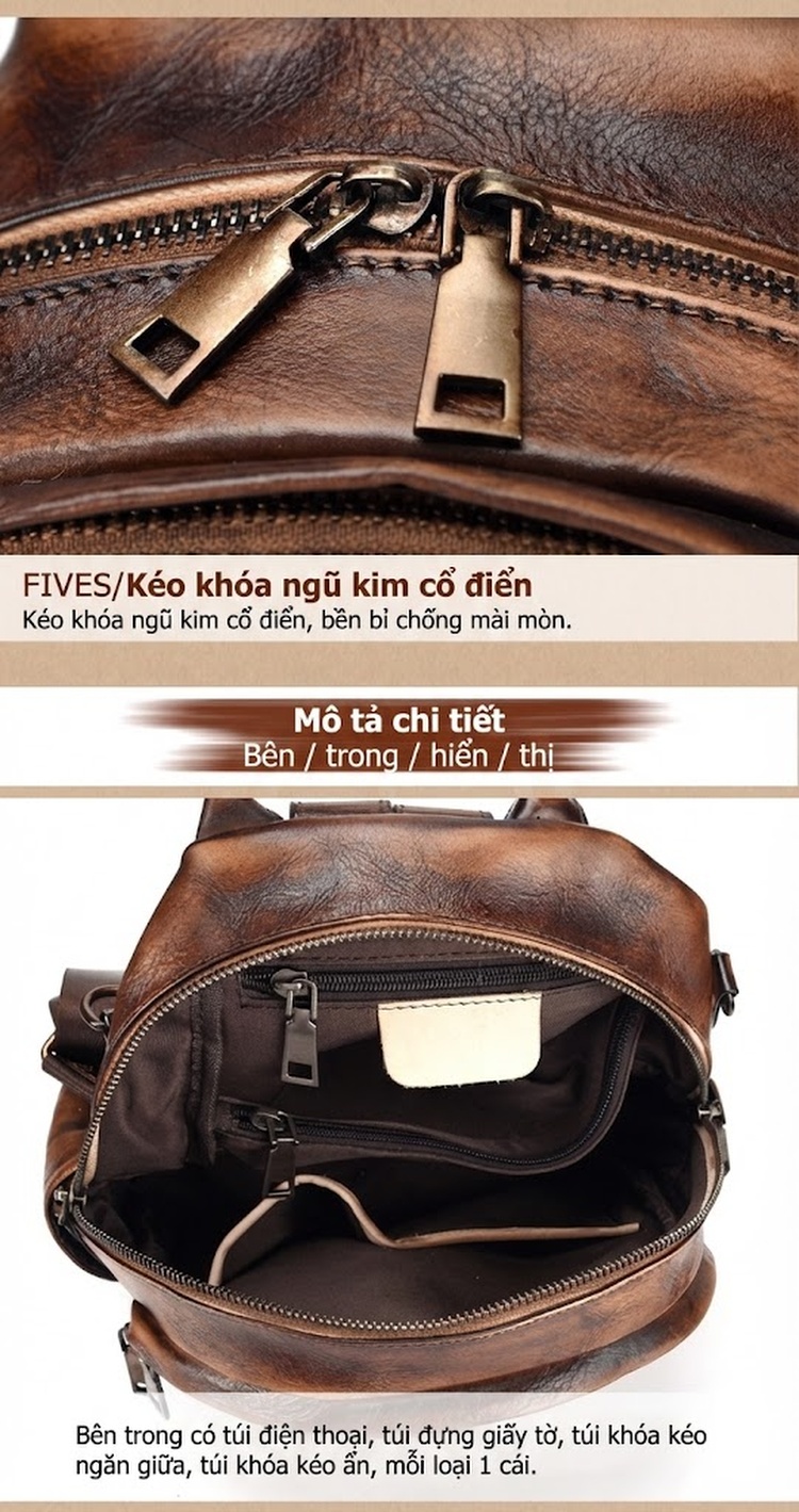 Balo Da Bò Thủ Công Cổ Điển Đeo Vai Kiểu Ba Lô Nhỏ Gọn Màu Nâu, Đen chi tiết 17