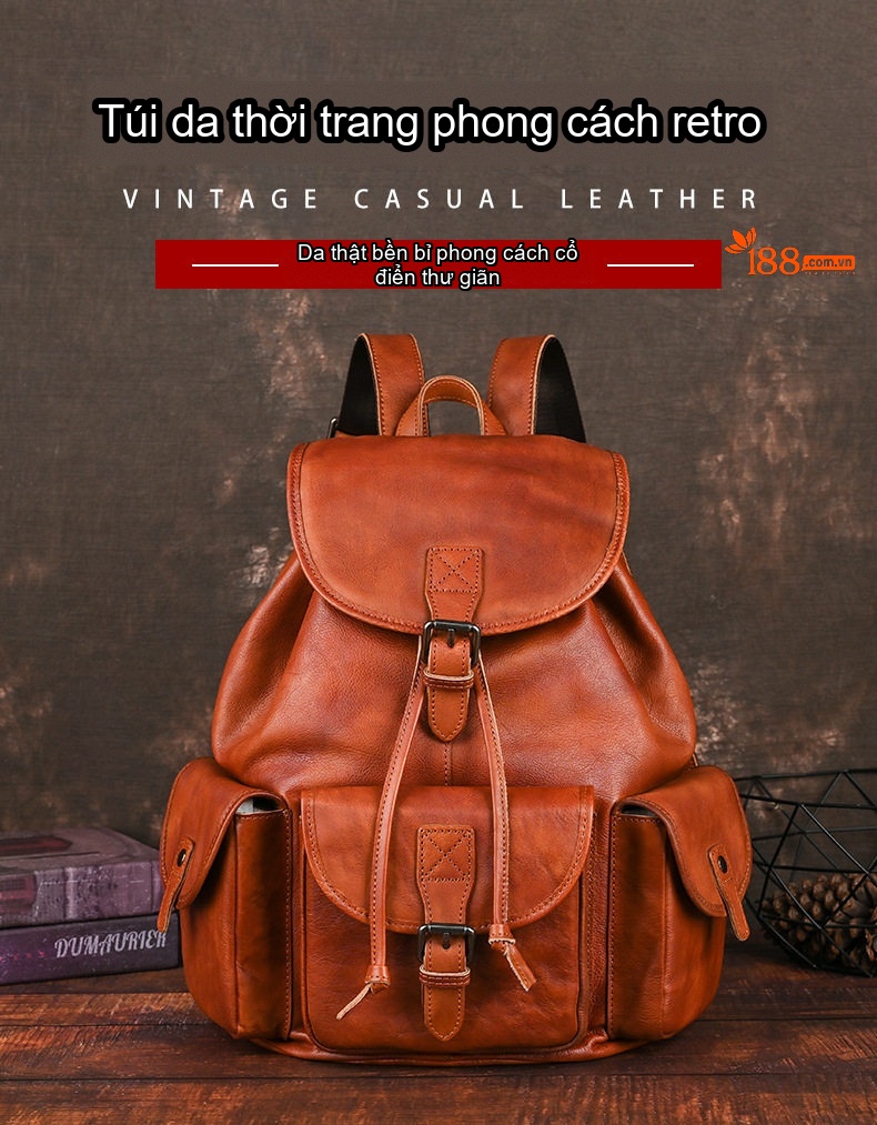 Balo Da Bò Thủ Công Vintage Du Lịch Đi Học Màu Nâu chi tiết 4