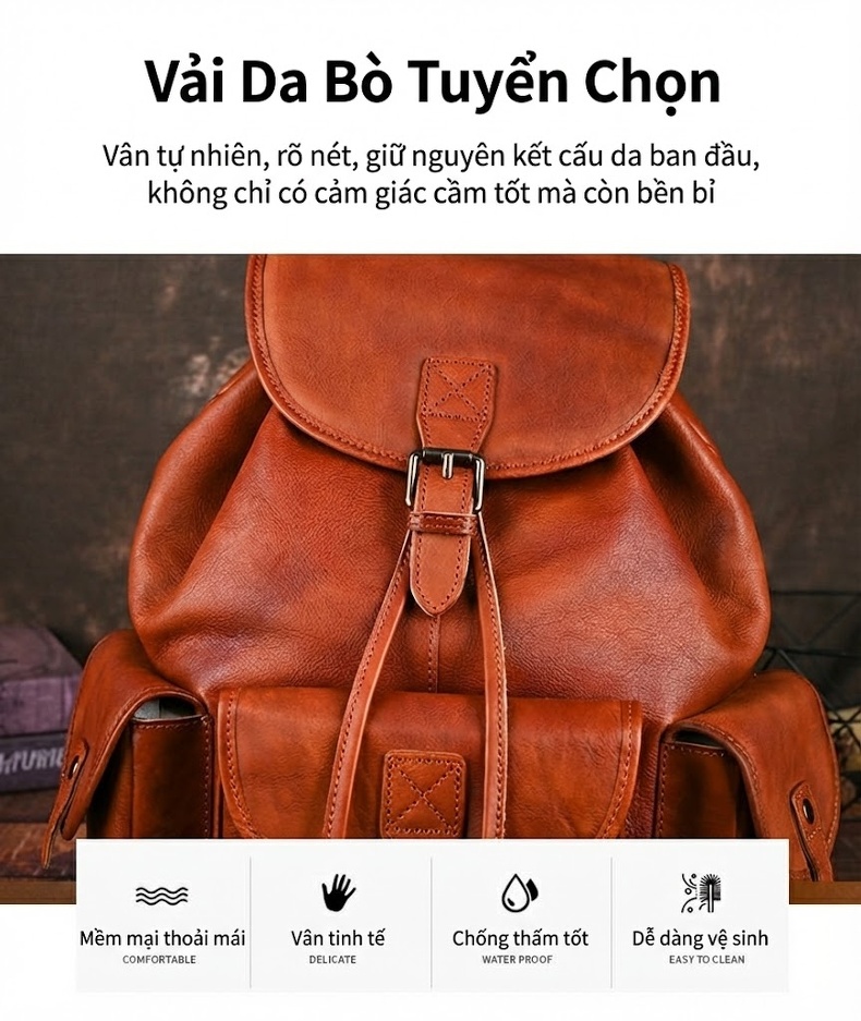Balo Da Bò Thủ Công Vintage Du Lịch Đi Học Màu Nâu chi tiết 7
