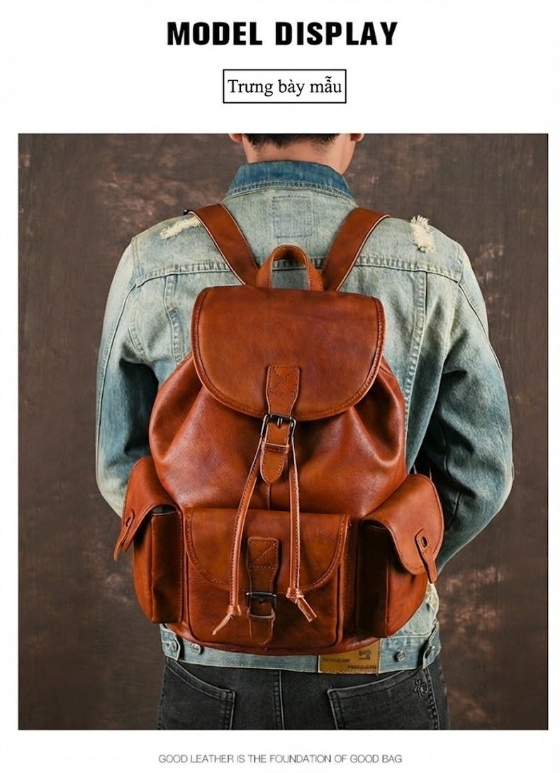 Balo Da Bò Thủ Công Vintage Du Lịch Đi Học Màu Nâu chi tiết 11