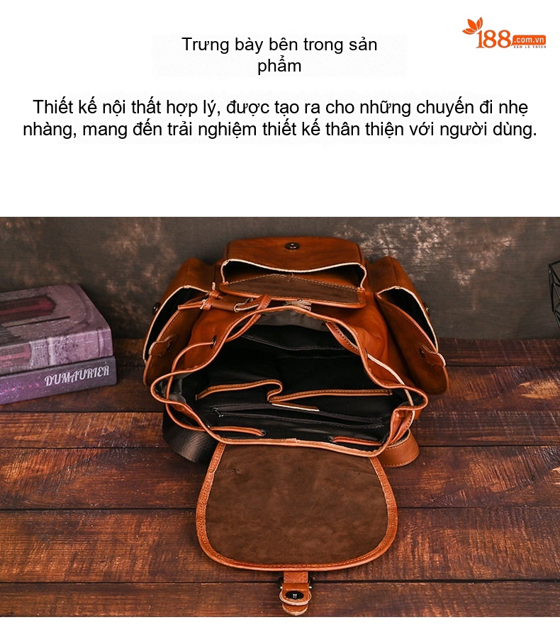 Balo Da Bò Thủ Công Vintage Du Lịch Đi Học Màu Nâu chi tiết 14