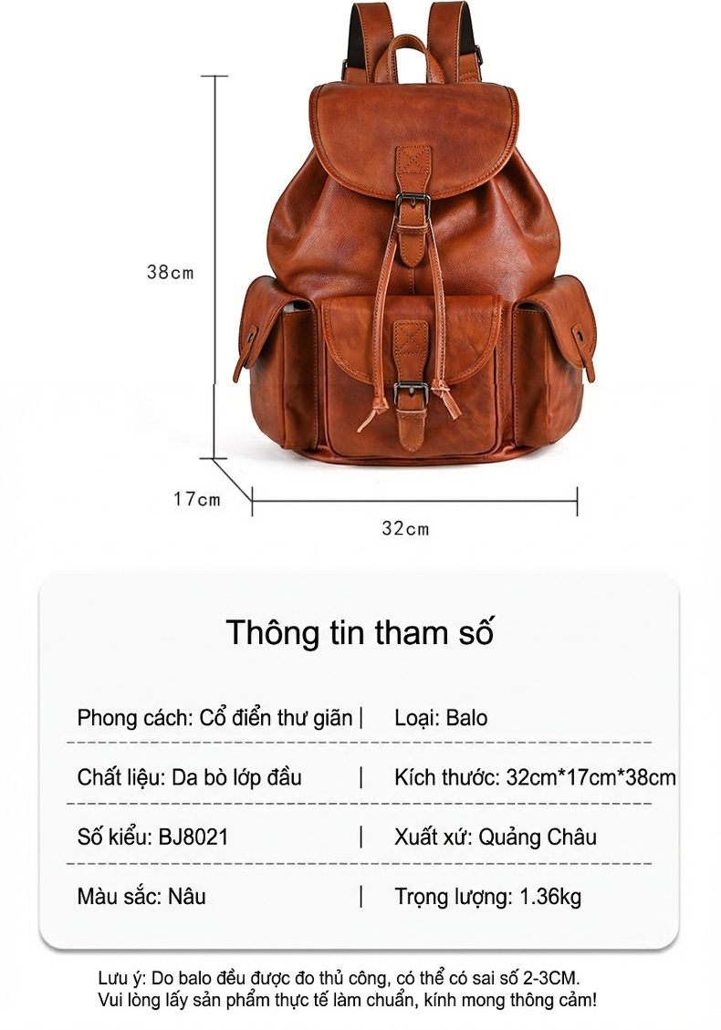 Balo Da Bò Thủ Công Vintage Du Lịch Đi Học Màu Nâu chi tiết 6