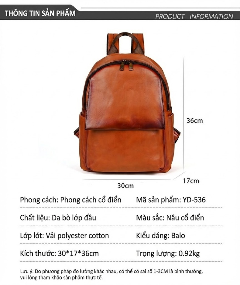 Balo Da Bò Vintage Dung Tích Lớn Đeo Vai Màu Nâu chi tiết 3