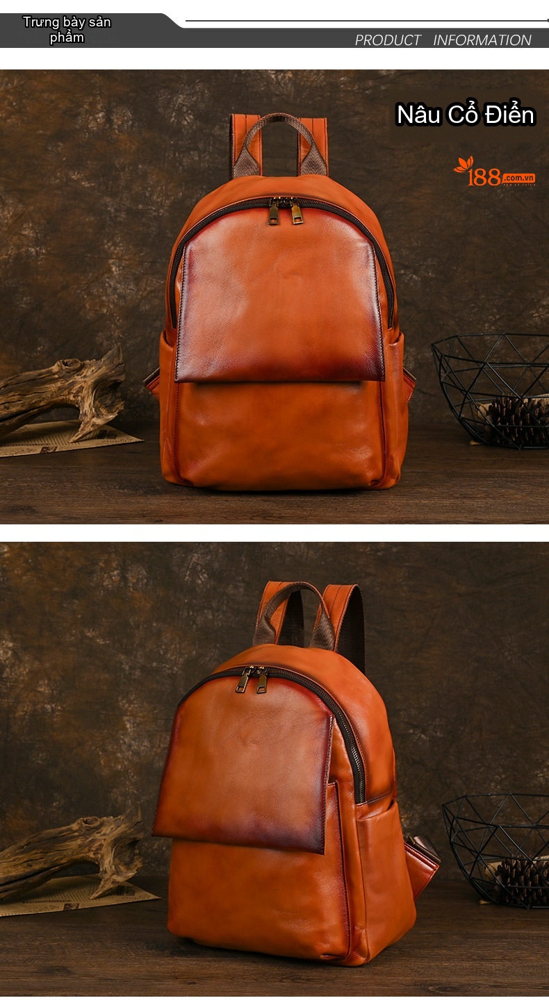 Balo Da Bò Vintage Dung Tích Lớn Đeo Vai Màu Nâu chi tiết 4