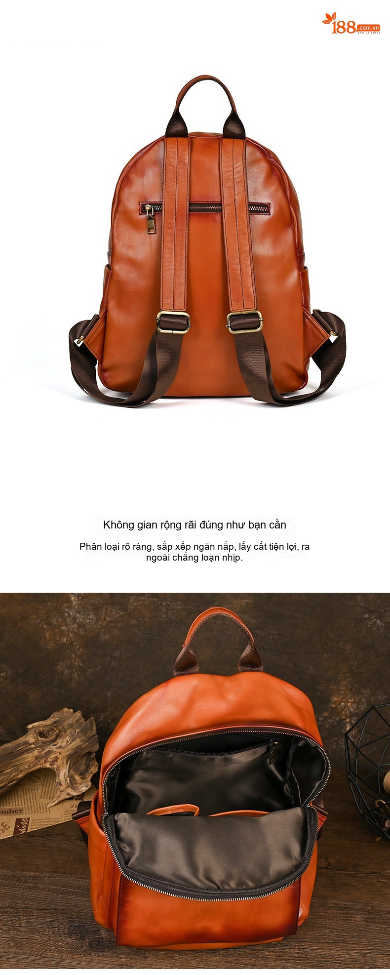 Balo Da Bò Vintage Dung Tích Lớn Đeo Vai Màu Nâu chi tiết 7