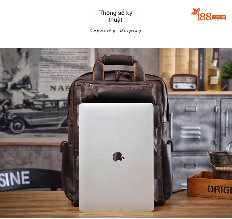 Balo Da Bò Vintage Thiết Kế Độc Đáo Túi Đựng Laptop Du Lịch Phong Cách Màu Nâu chi tiết 11