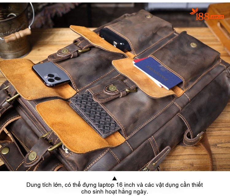 Balo Da Bò Vintage Thiết Kế Độc Đáo Túi Đựng Laptop Du Lịch Phong Cách Màu Nâu chi tiết 13