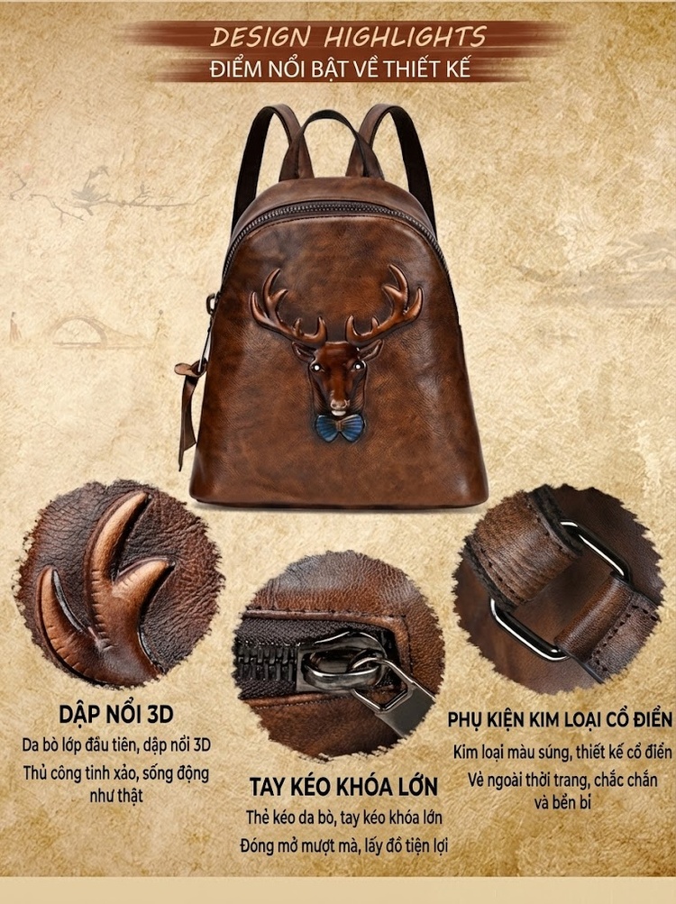 Balo Da Bò Vintage Thủ Công Dập Nổi Hình Hươu Độc Đáo Màu Nâu Đỏ, Nâu chi tiết 3