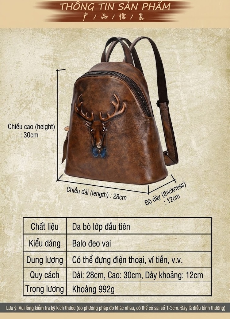 Balo Da Bò Vintage Thủ Công Dập Nổi Hình Hươu Độc Đáo Màu Nâu Đỏ, Nâu chi tiết 4