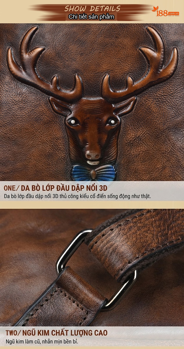 Balo Da Bò Vintage Thủ Công Dập Nổi Hình Hươu Độc Đáo Màu Nâu Đỏ, Nâu chi tiết 17