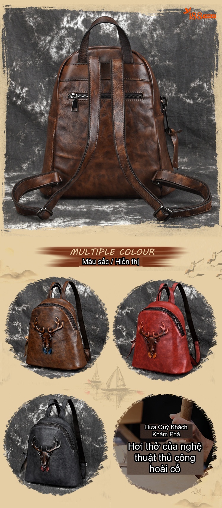 Balo Da Bò Vintage Thủ Công Dập Nổi Hình Hươu Độc Đáo Màu Nâu Đỏ, Nâu chi tiết 2
