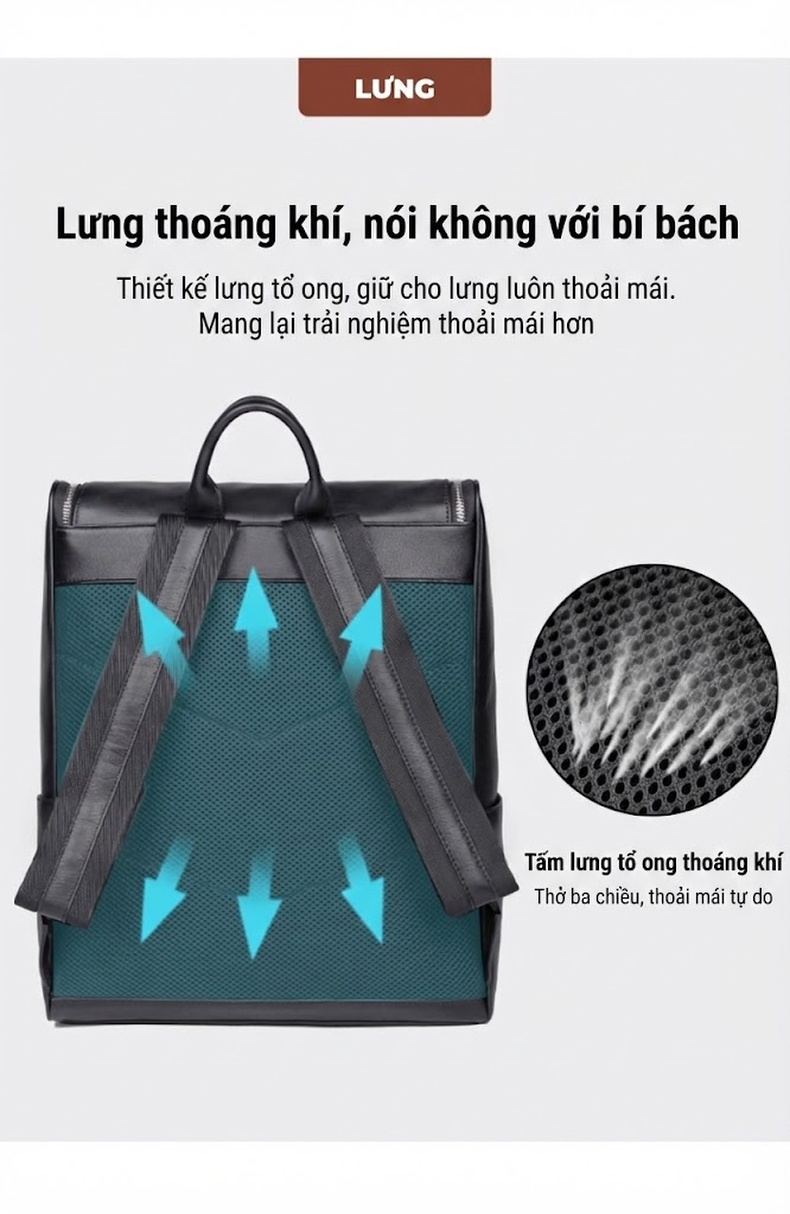 Balo Da Dầu Sáp Đựng Laptop Thời Trang Hàn Quốc Thoải Mái Chống Thấm Nước Màu Đen chi tiết 7