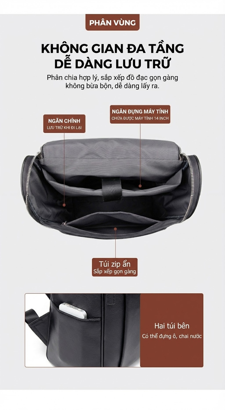 Balo Da Dầu Sáp Đựng Laptop Thời Trang Hàn Quốc Thoải Mái Chống Thấm Nước Màu Đen chi tiết 6
