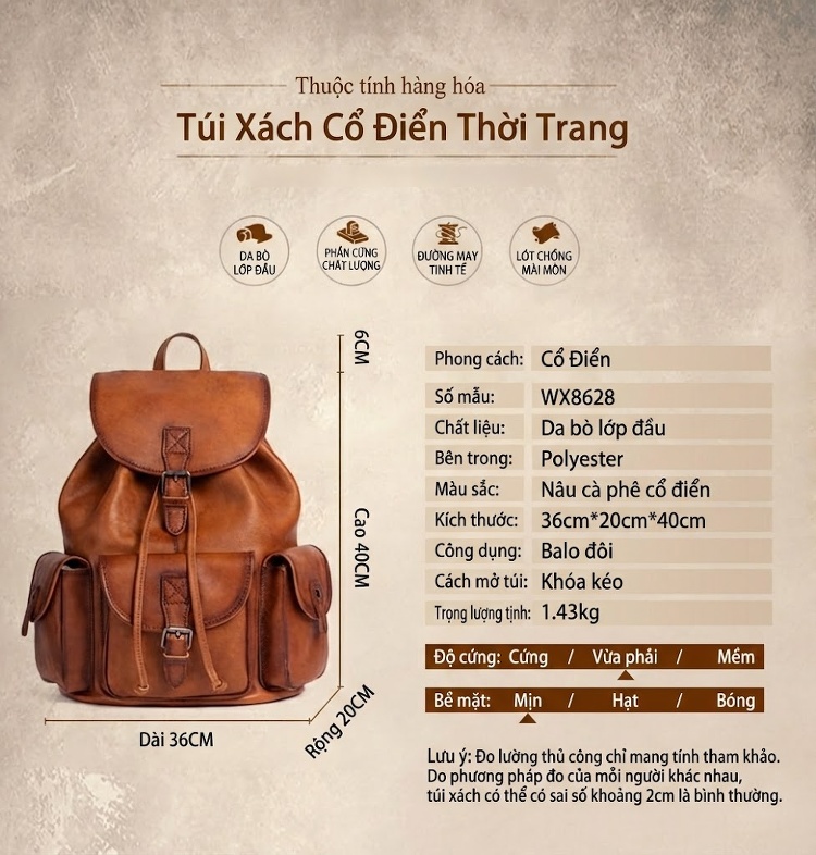 Balo Da Mềm Nam Nữ Lớn Đựng Đồ Du Lịch Màu Nâu chi tiết 2