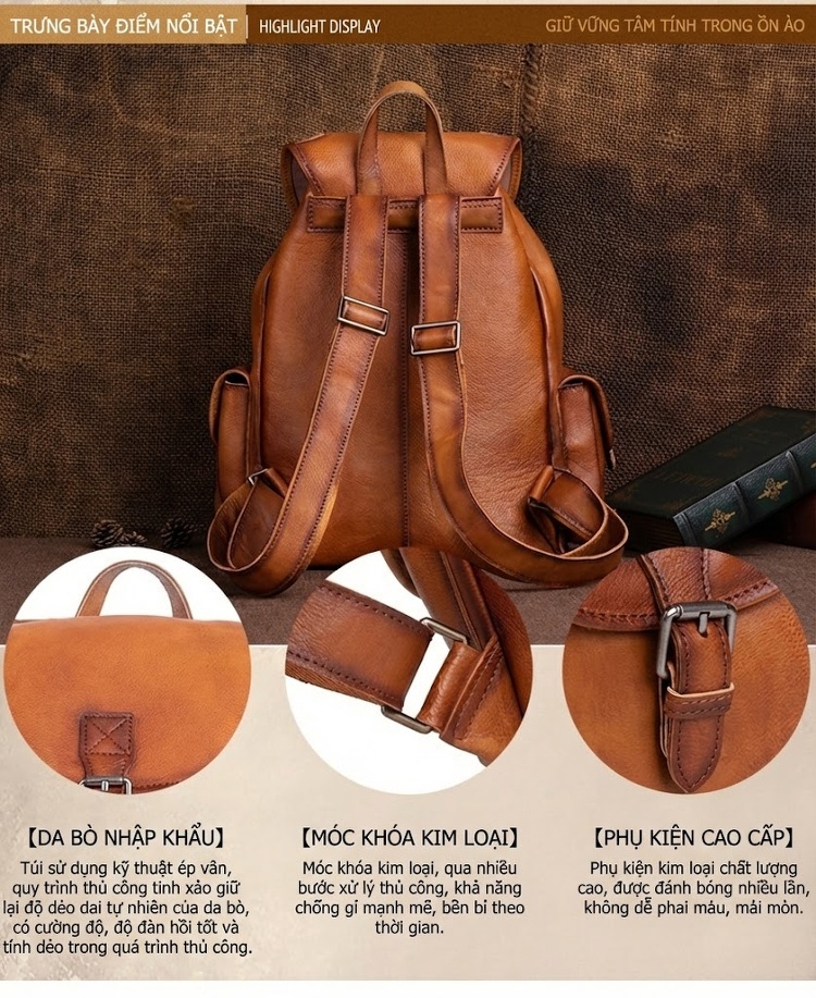 Balo Da Mềm Nam Nữ Lớn Đựng Đồ Du Lịch Màu Nâu chi tiết 3