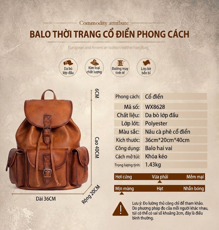 Balo Da Mềm Nam Nữ Lớn Đựng Đồ Du Lịch Màu Nâu chi tiết 17