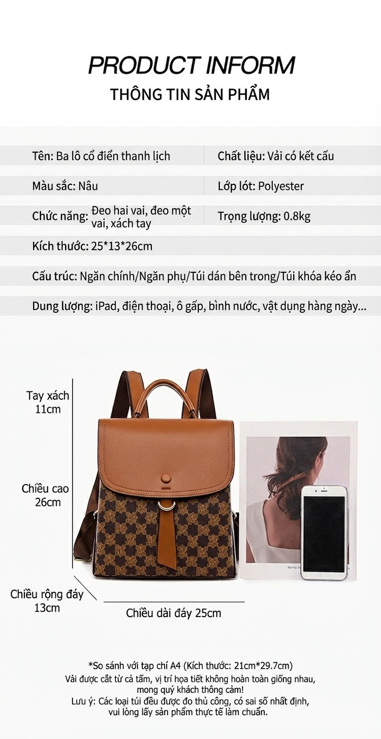 Balo Da Mềm Nữ Thời Trang Sức Chứa Lớn Đi Du Lịch Giảm Tải Màu Nâu chi tiết 3