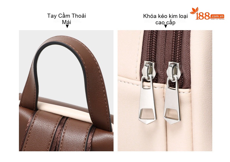 Balo Da Mờ Mini Thời Trang Đi Học Du Lịch Màu Nâu, Kem chi tiết 5