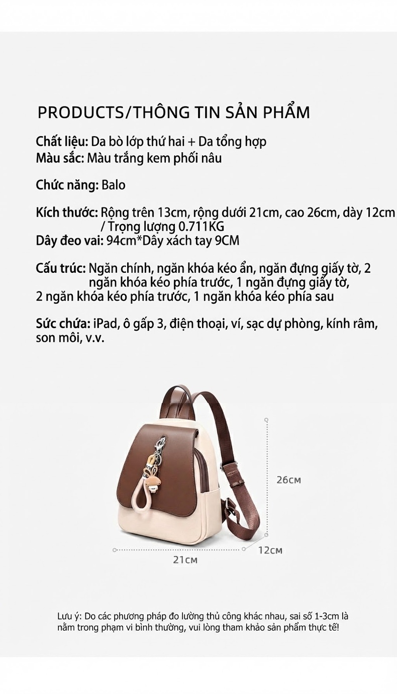 Balo Da Mờ Mini Thời Trang Đi Học Du Lịch Màu Nâu, Kem chi tiết 10
