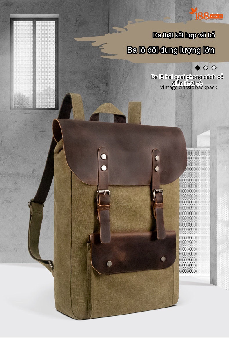 Balo Da Mộc Phối Vải Canvas Phong Cách Cổ Điển Đựng Laptop 14 Inch Màu Xanh Olive, Nâu chi tiết 1
