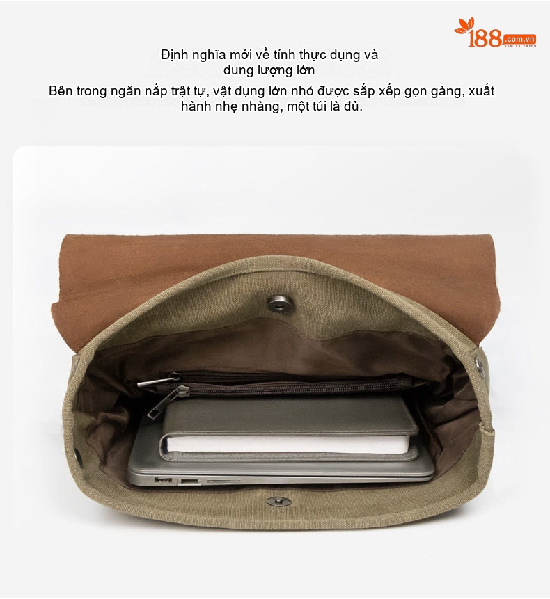 Balo Da Mộc Phối Vải Canvas Phong Cách Cổ Điển Đựng Laptop 14 Inch Màu Xanh Olive, Nâu chi tiết 4