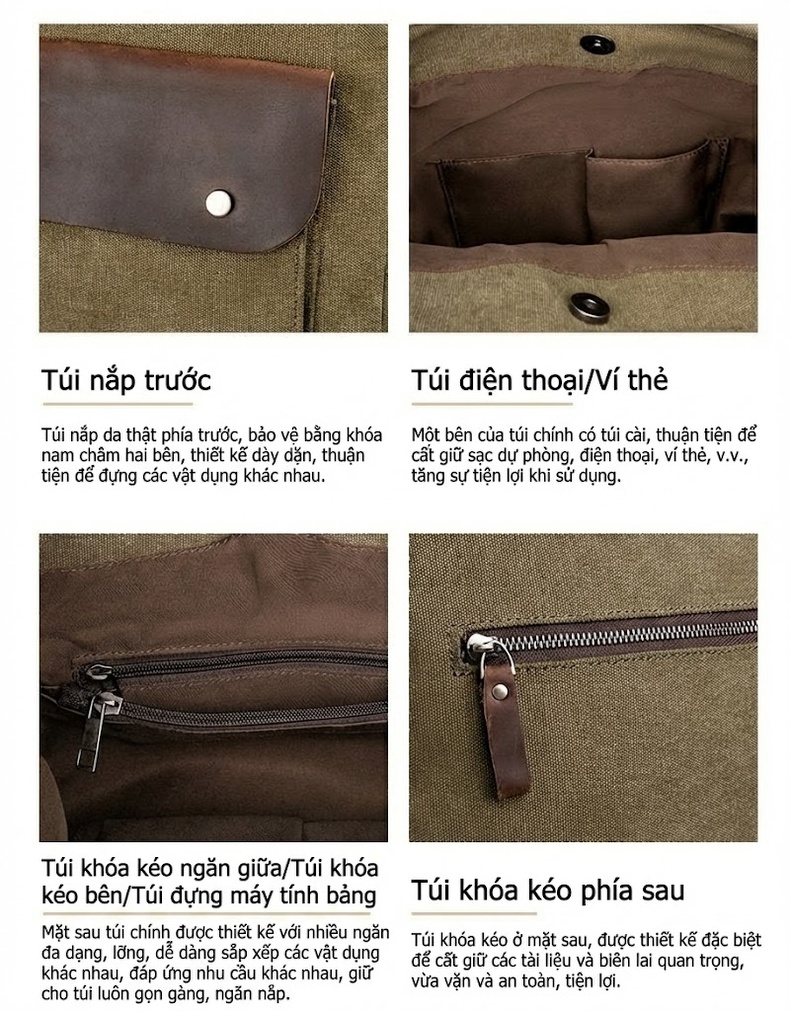 Balo Da Mộc Phối Vải Canvas Phong Cách Cổ Điển Đựng Laptop 14 Inch Màu Xanh Olive, Nâu chi tiết 5