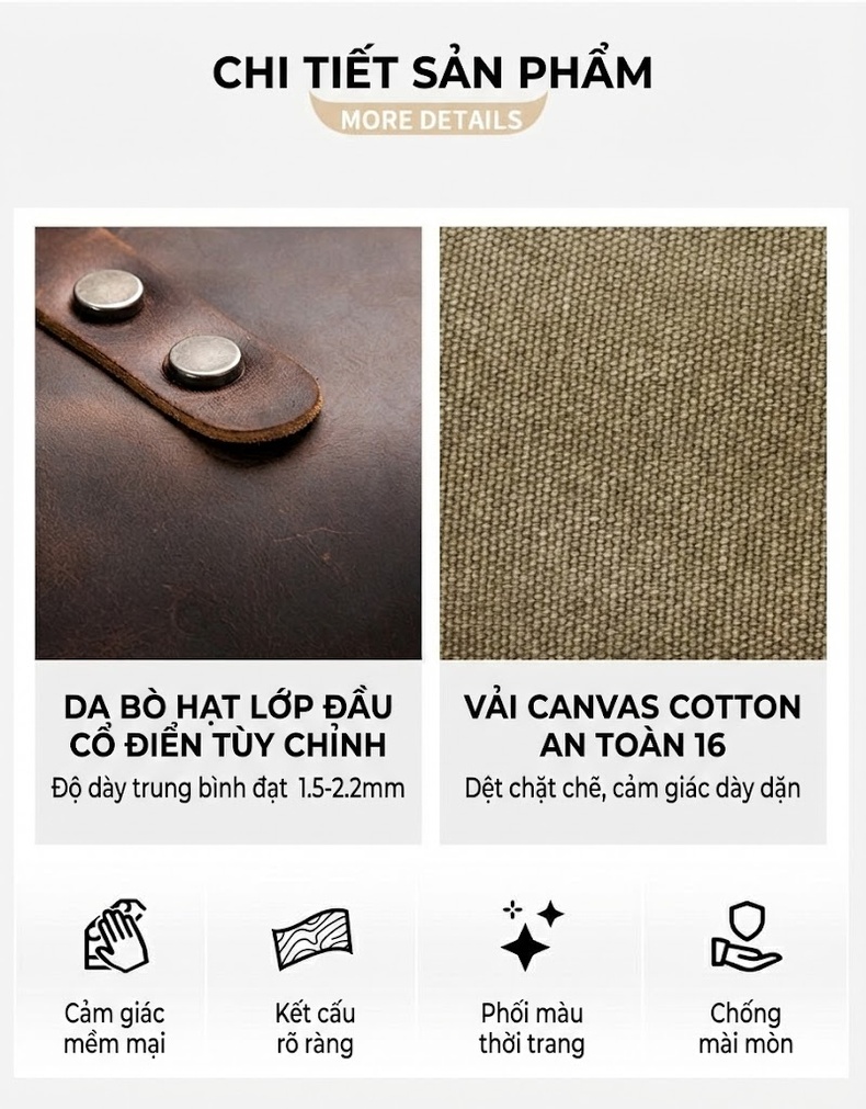 Balo Da Mộc Phối Vải Canvas Phong Cách Cổ Điển Đựng Laptop 14 Inch Màu Xanh Olive, Nâu chi tiết 7