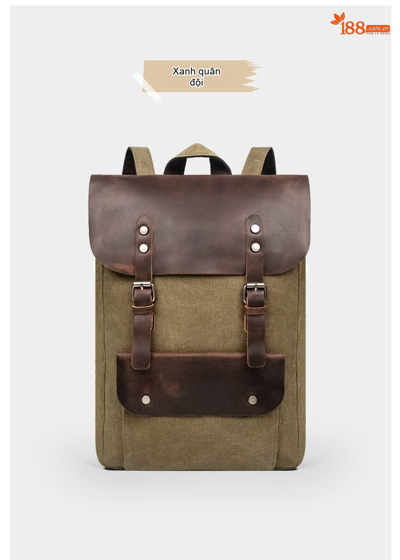 Balo Da Mộc Phối Vải Canvas Phong Cách Cổ Điển Đựng Laptop 14 Inch Màu Xanh Olive, Nâu chi tiết 12
