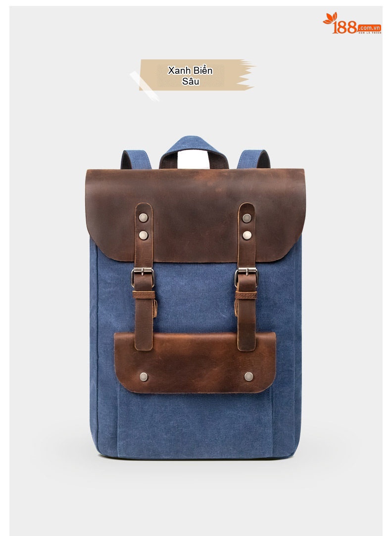 Balo Da Mộc Phối Vải Canvas Phong Cách Cổ Điển Đựng Laptop 14 Inch Màu Xanh Olive, Nâu chi tiết 14