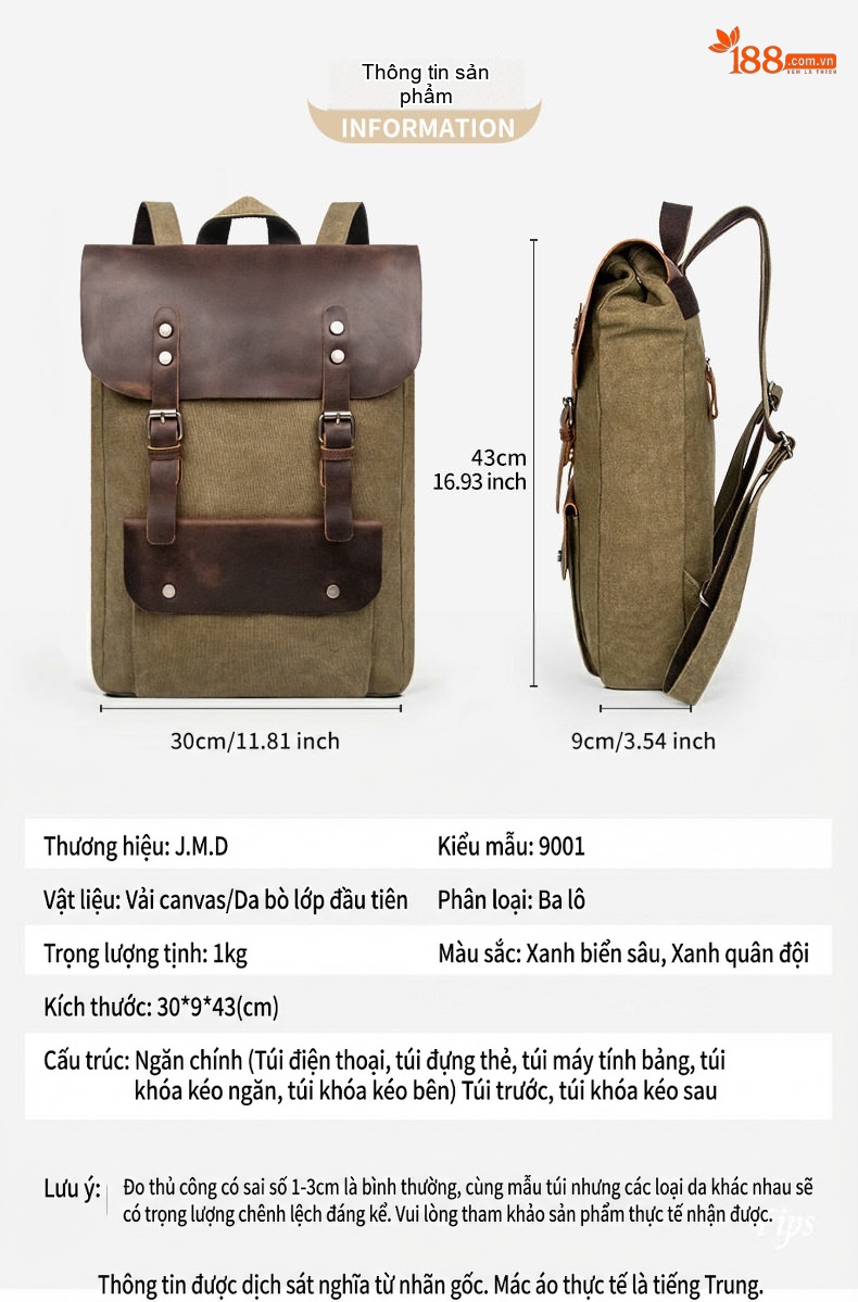 Balo Da Mộc Phối Vải Canvas Phong Cách Cổ Điển Đựng Laptop 14 Inch Màu Xanh Olive, Nâu chi tiết 2