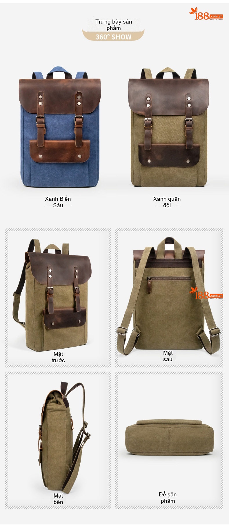 Balo Da Mộc Phối Vải Canvas Phong Cách Cổ Điển Đựng Laptop 14 Inch Màu Xanh Olive, Nâu chi tiết 3