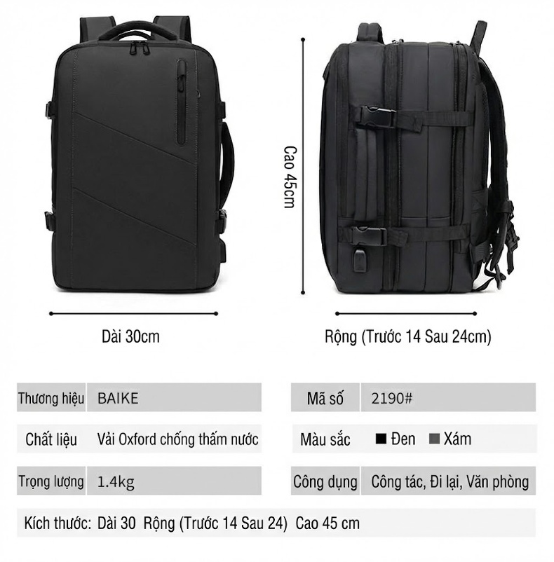 Balo Đa Năng Cao Cấp Chống Nước Phong Cách Thời Trang Công Sở Đựng Laptop Dung Tích Lớn Màu Đen, Be chi tiết 5